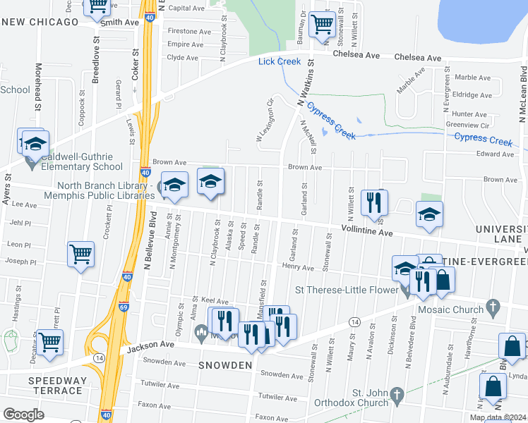map of restaurants, bars, coffee shops, grocery stores, and more near 1370 Vollintine Avenue in Memphis