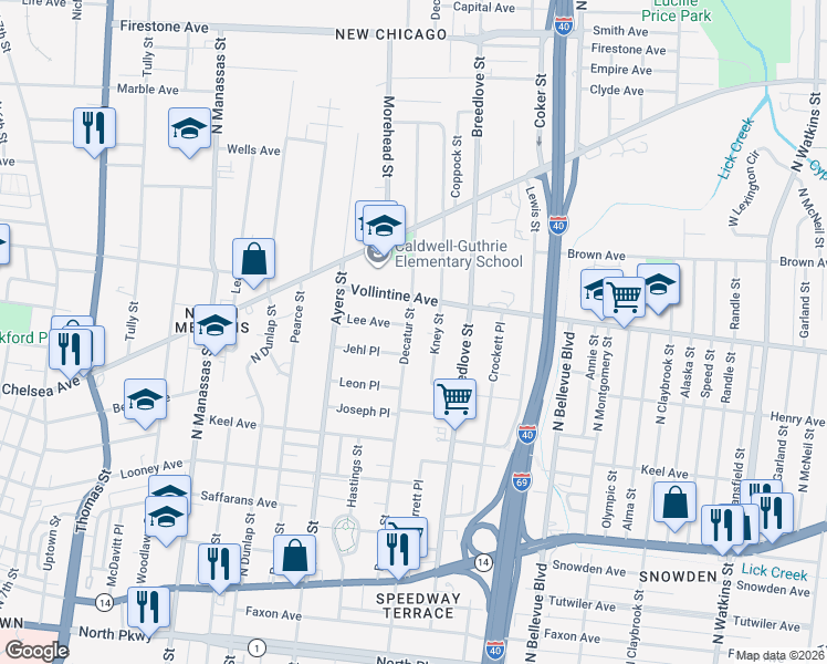 map of restaurants, bars, coffee shops, grocery stores, and more near 892 Decatur Street in Memphis