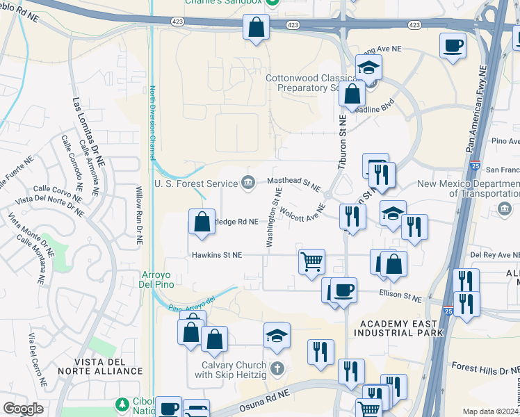 map of restaurants, bars, coffee shops, grocery stores, and more near 4000 Masthead Street Northeast in Albuquerque