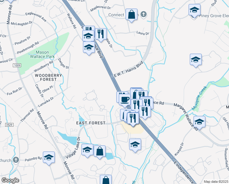 map of restaurants, bars, coffee shops, grocery stores, and more near 7024 E Independence Blvd in Charlotte