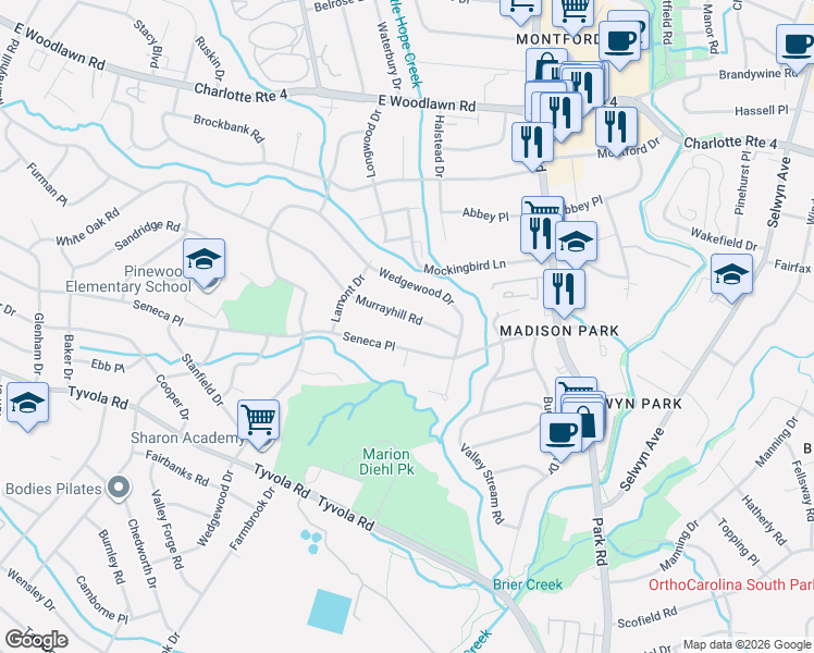 map of restaurants, bars, coffee shops, grocery stores, and more near 5808 Murrayhill Road in Charlotte