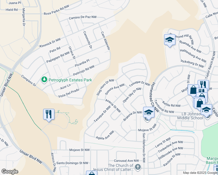 map of restaurants, bars, coffee shops, grocery stores, and more near 6209 Tesuque Court Northwest in Albuquerque