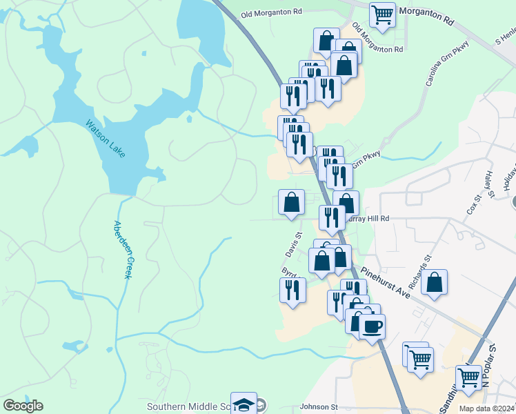 map of restaurants, bars, coffee shops, grocery stores, and more near 55 Pine Valley Circle in Pinehurst