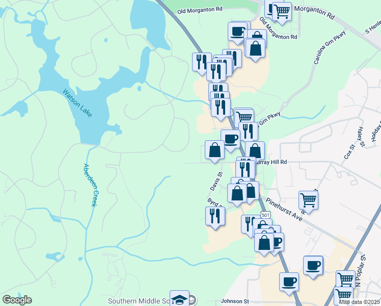 map of restaurants, bars, coffee shops, grocery stores, and more near 55 Pine Valley Circle in Pinehurst