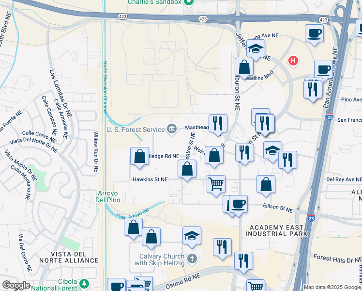 map of restaurants, bars, coffee shops, grocery stores, and more near 4000 Masthead Street Northeast in Albuquerque