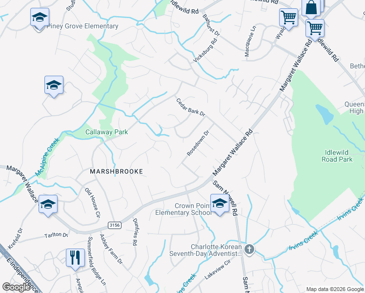 map of restaurants, bars, coffee shops, grocery stores, and more near 3617 Rosedown Drive in Matthews