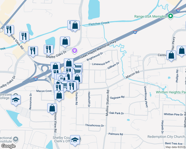 map of restaurants, bars, coffee shops, grocery stores, and more near 1439 Kinilwood Street in Memphis