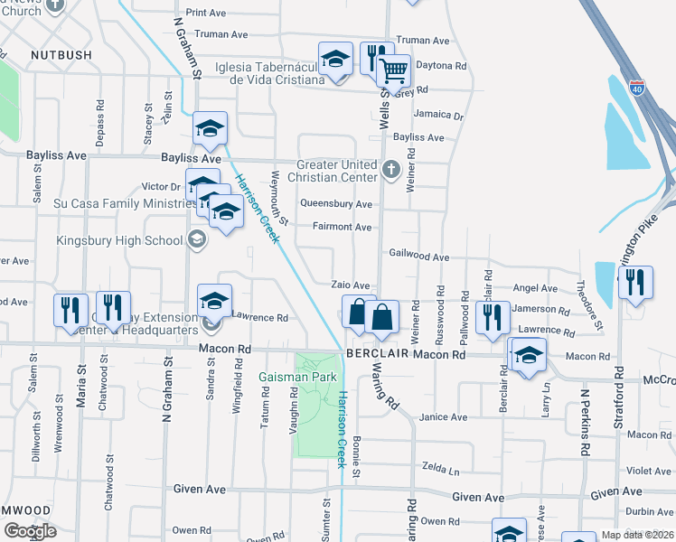 map of restaurants, bars, coffee shops, grocery stores, and more near 4249 Zaio Avenue in Memphis