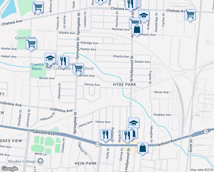 map of restaurants, bars, coffee shops, grocery stores, and more near 1042 Richert Street in Memphis