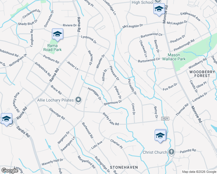 map of restaurants, bars, coffee shops, grocery stores, and more near 6720 Wheeler Drive in Charlotte