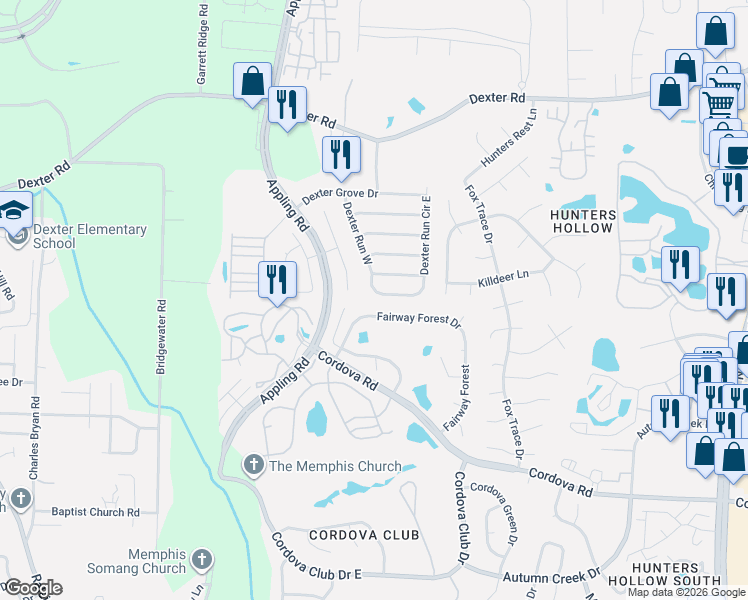 map of restaurants, bars, coffee shops, grocery stores, and more near 7559 West Fairway Forest Drive in Memphis