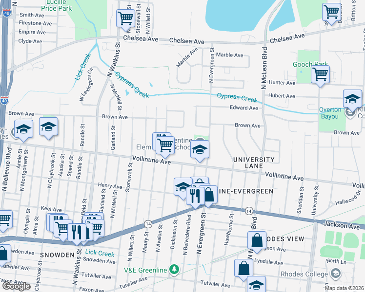 map of restaurants, bars, coffee shops, grocery stores, and more near 1628 Vollintine Avenue in Memphis