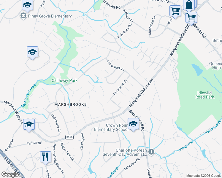 map of restaurants, bars, coffee shops, grocery stores, and more near 3617 Rosedown Drive in Matthews