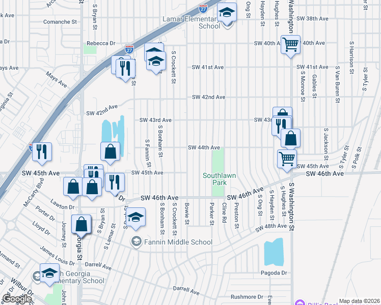 map of restaurants, bars, coffee shops, grocery stores, and more near 4410 Bowie Street in Amarillo