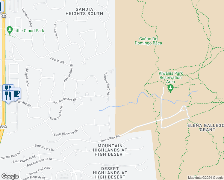 map of restaurants, bars, coffee shops, grocery stores, and more near 1437 Honeysuckle Drive Northeast in Albuquerque