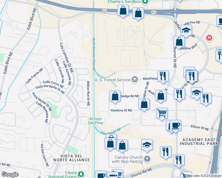 map of restaurants, bars, coffee shops, grocery stores, and more near 99999 Rutledge Road Northeast in Albuquerque