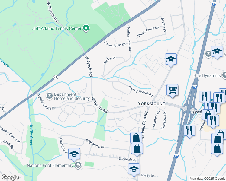 map of restaurants, bars, coffee shops, grocery stores, and more near 401 Sleepy Hollow Road in Charlotte