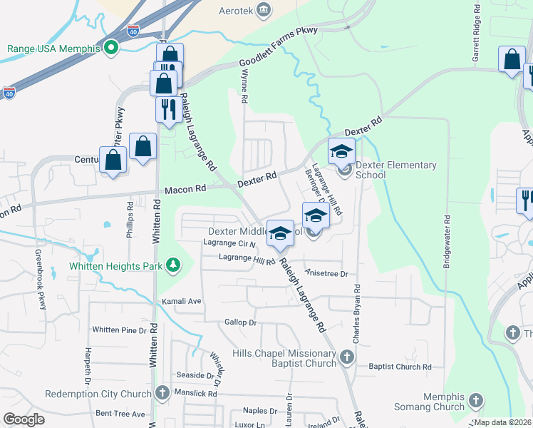 map of restaurants, bars, coffee shops, grocery stores, and more near 6979 Dexter Road in Shelby County