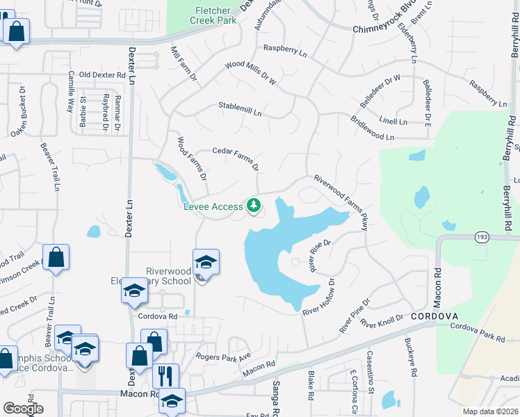 map of restaurants, bars, coffee shops, grocery stores, and more near 1452 Wood Trail Circle in Memphis