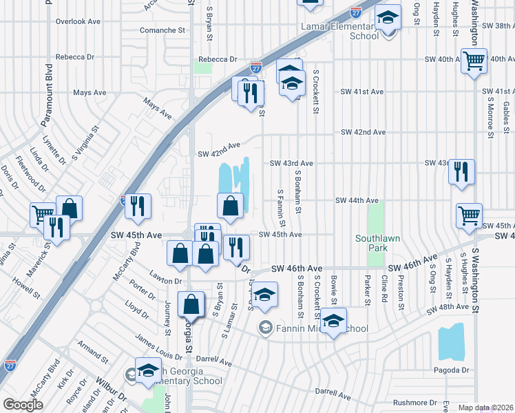 map of restaurants, bars, coffee shops, grocery stores, and more near 4352 South Austin Street in Amarillo