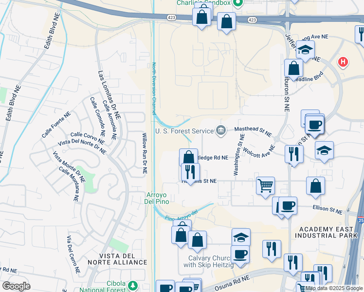 map of restaurants, bars, coffee shops, grocery stores, and more near 99999 Rutledge Road Northeast in Albuquerque