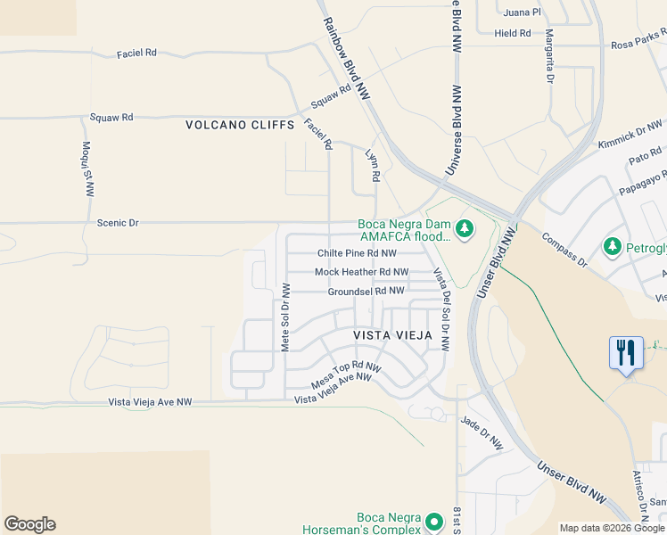 map of restaurants, bars, coffee shops, grocery stores, and more near 8601 Chilte Pine Road Northwest in Albuquerque
