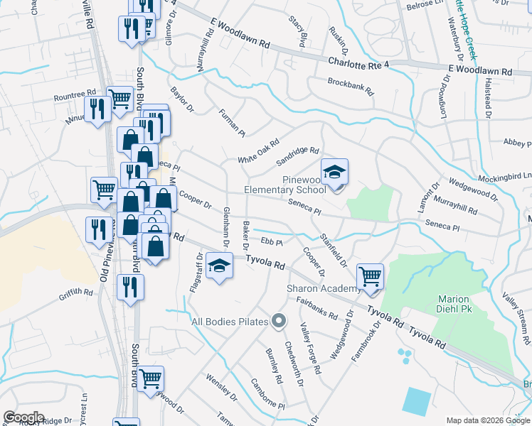 map of restaurants, bars, coffee shops, grocery stores, and more near 530 Seneca Place in Charlotte