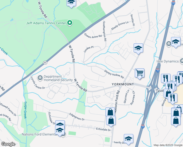 map of restaurants, bars, coffee shops, grocery stores, and more near 401 Sleepy Hollow Road in Charlotte