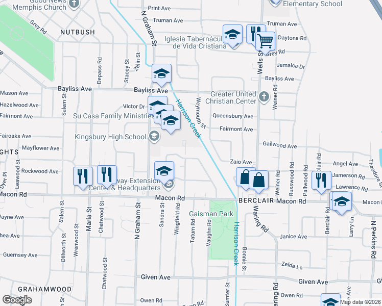 map of restaurants, bars, coffee shops, grocery stores, and more near 4106 Vaughn Road in Memphis