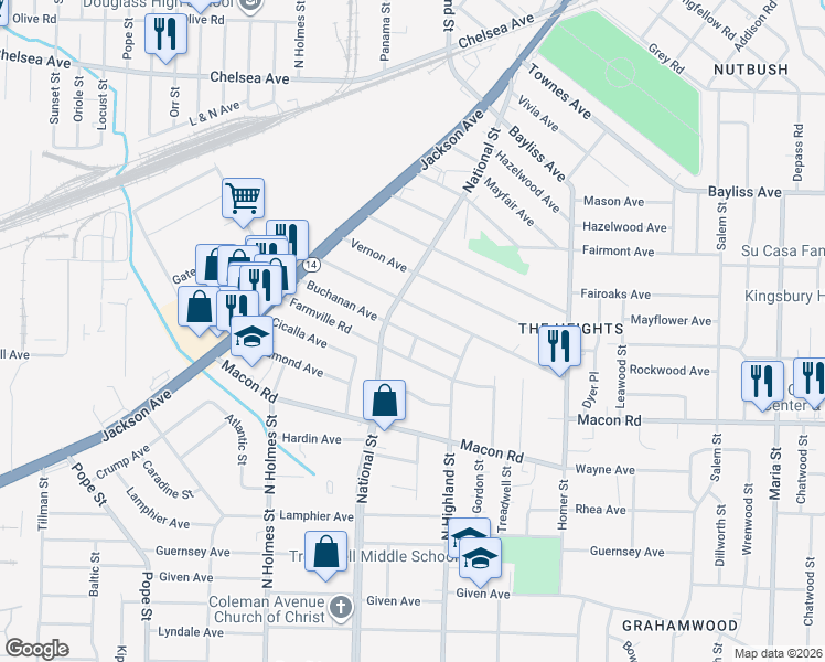 map of restaurants, bars, coffee shops, grocery stores, and more near 3437 Rockwood Avenue in Memphis
