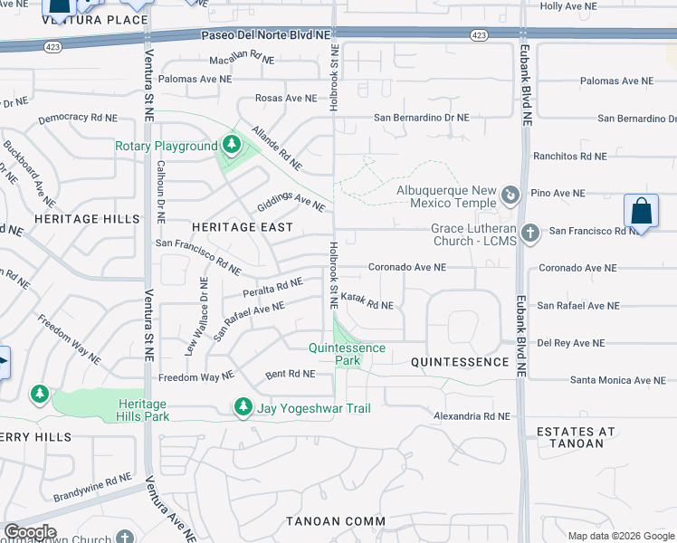 map of restaurants, bars, coffee shops, grocery stores, and more near 9601 Coronado Avenue Northeast in Albuquerque