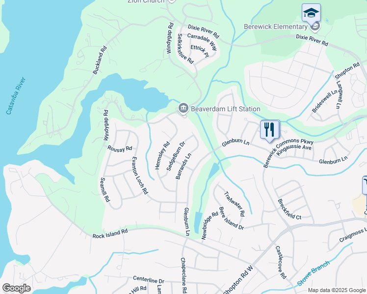 map of restaurants, bars, coffee shops, grocery stores, and more near 8701 SedgeBurn Drive in Charlotte