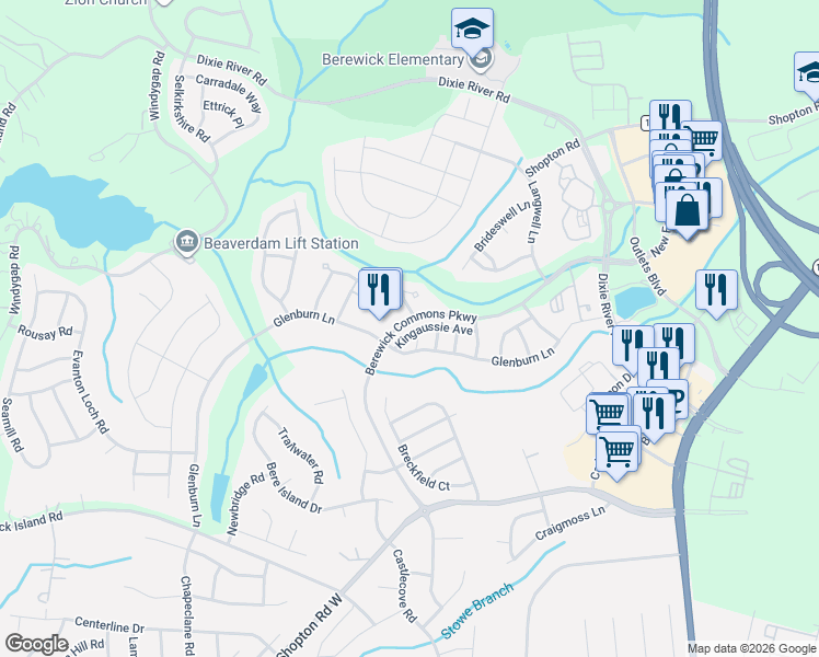 map of restaurants, bars, coffee shops, grocery stores, and more near 9512 Birkwood Court in Charlotte