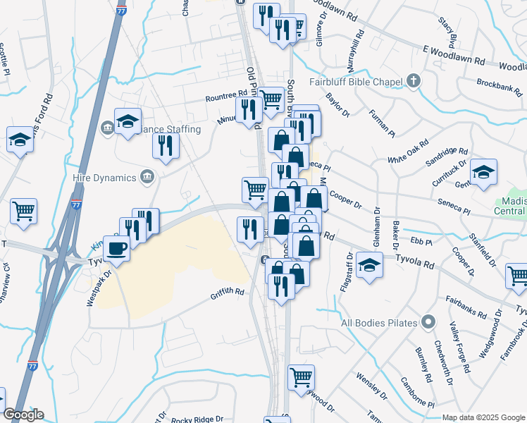 map of restaurants, bars, coffee shops, grocery stores, and more near Old Pineville Rd & Tyvola Rd in Charlotte