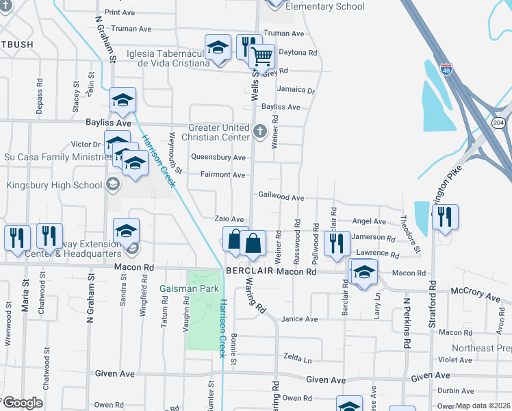 map of restaurants, bars, coffee shops, grocery stores, and more near 1265 Wells Station Road in Memphis
