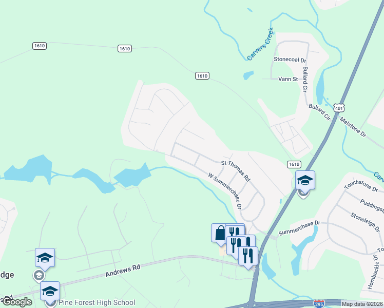 map of restaurants, bars, coffee shops, grocery stores, and more near 505 Saint Thomas Road in Fayetteville