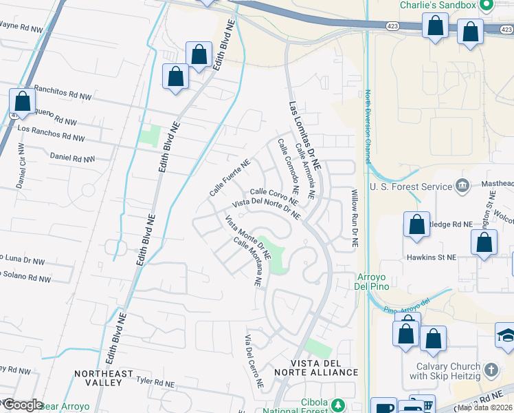 map of restaurants, bars, coffee shops, grocery stores, and more near 1004 Calle Corvo Northeast in Albuquerque