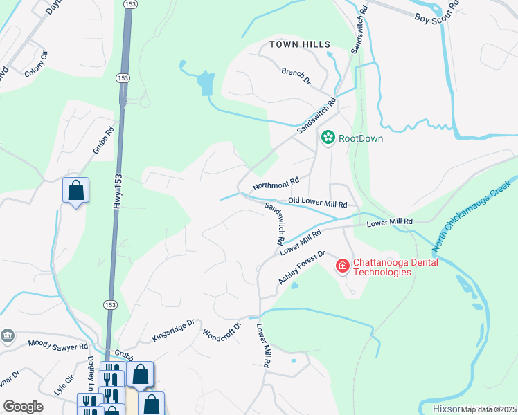 map of restaurants, bars, coffee shops, grocery stores, and more near 959 Old Lower Mill Road in Chattanooga