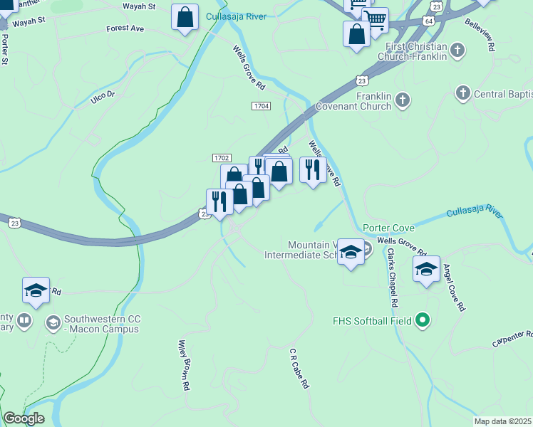 map of restaurants, bars, coffee shops, grocery stores, and more near Dowdle Mountain Road in Franklin