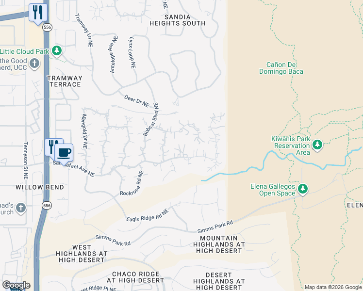 map of restaurants, bars, coffee shops, grocery stores, and more near 1469 Morning Glory Road Northeast in Albuquerque