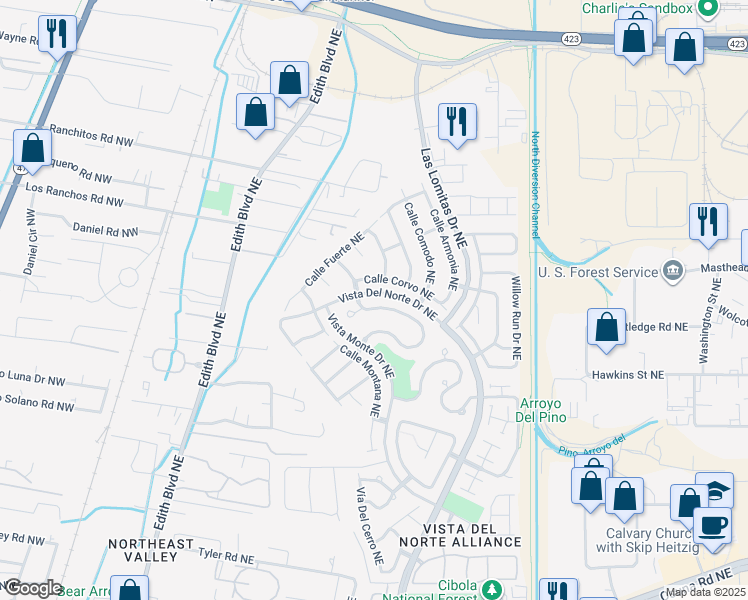 map of restaurants, bars, coffee shops, grocery stores, and more near 1004 Calle Corvo Northeast in Albuquerque