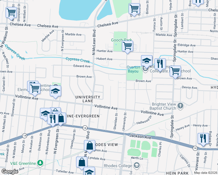 map of restaurants, bars, coffee shops, grocery stores, and more near 1888 North Rainbow Drive in Memphis