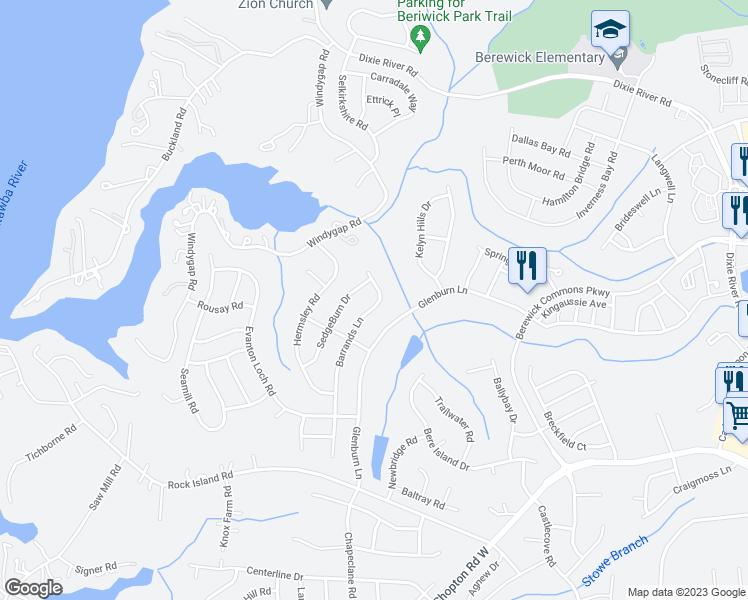 map of restaurants, bars, coffee shops, grocery stores, and more near 10004 Barrands Lane in Charlotte