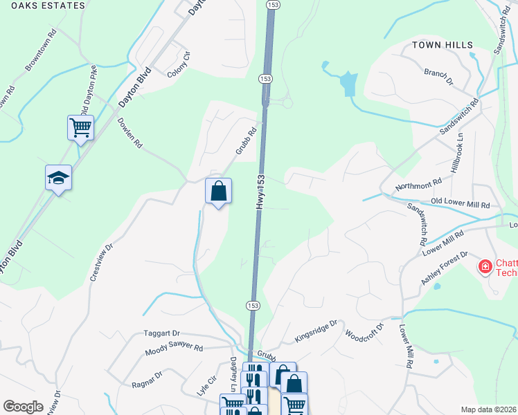 map of restaurants, bars, coffee shops, grocery stores, and more near 5953 Tennessee 153 in Chattanooga