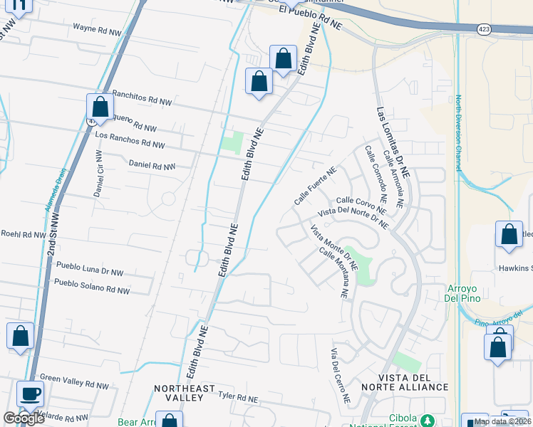 map of restaurants, bars, coffee shops, grocery stores, and more near 7626 Edith Boulevard Northeast in Albuquerque