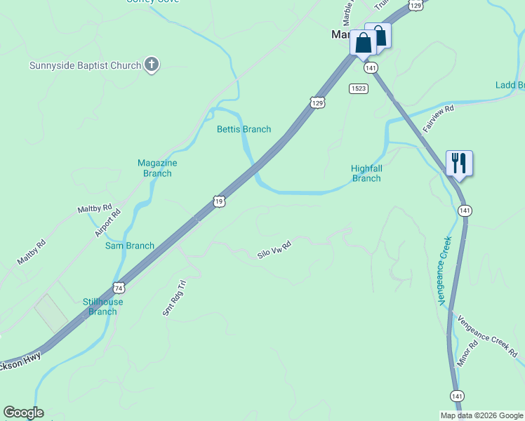 map of restaurants, bars, coffee shops, grocery stores, and more near 38 Smokey Mountain Ridge in Marble