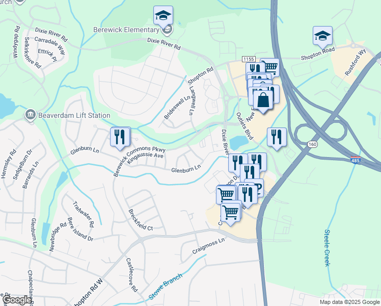 map of restaurants, bars, coffee shops, grocery stores, and more near 5675 Garrow Glen Road in Charlotte