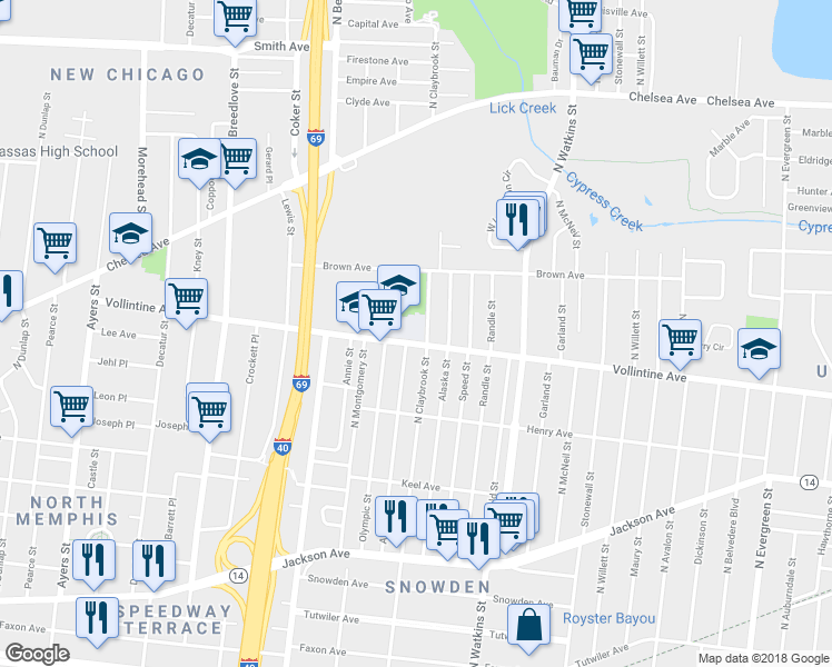 map of restaurants, bars, coffee shops, grocery stores, and more near 1250 Vollintine Avenue in Memphis