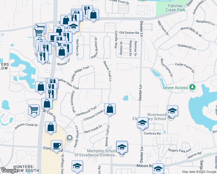 map of restaurants, bars, coffee shops, grocery stores, and more near 8295 Shallow Rock Cove in Memphis