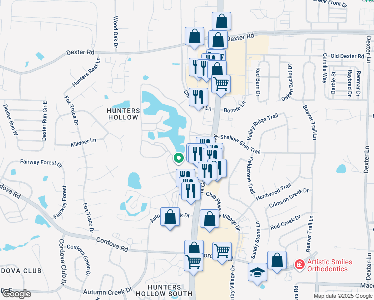map of restaurants, bars, coffee shops, grocery stores, and more near 1461 Dexter Lake Drive in Memphis